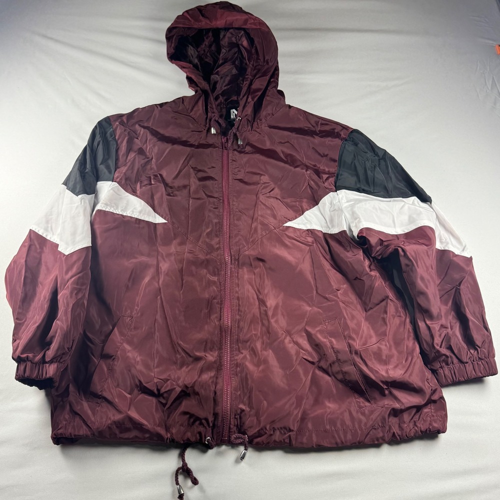 New Look Sport Womens 1X Windbreaker Jacket Burgundy Colorblock Full Zip‎ Hooded